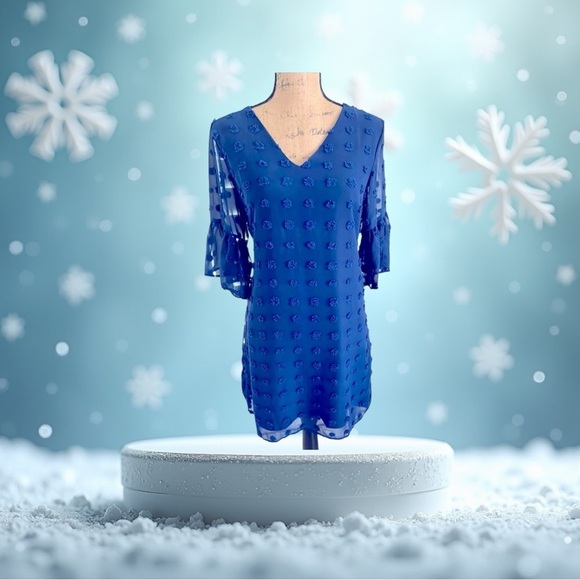 Navy Blue Textured Polka Dot Fully Lines Dress M - Picture 1 of 8